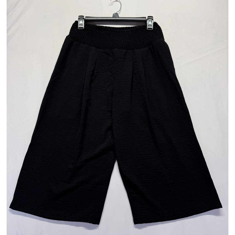Lepunuo Capri Pants Womens Medium Black Casual High‎ Rise Elastic Waist Wide Leg